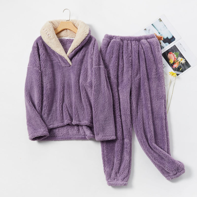 Herbst/Winter Damen Umlegekragen Koralle Fleece Pyjamas/Hausanzug