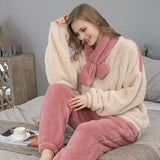 Herbst/Winter Damen Koralle Fleece Pyjamas/Hausanzug Mit Schal